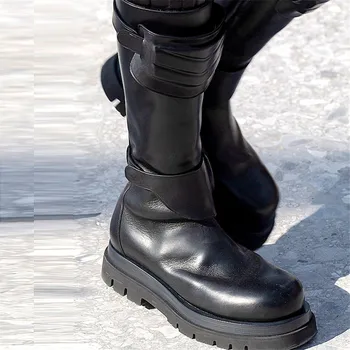 

Black Leather knee-high Boots For Women Shoes Chunky Bottom Military Zapatos Mujer Designer Motorcycle Boots Flats Botas Mujer