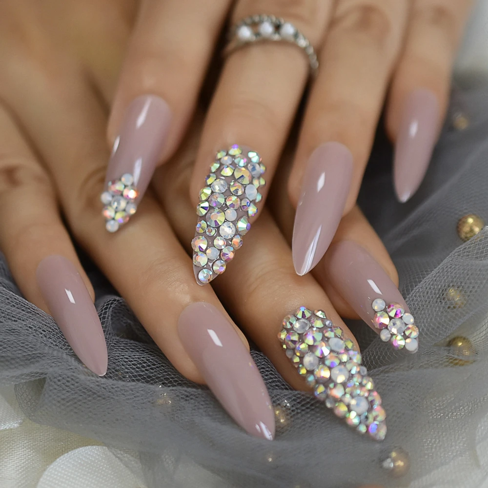 Dark Nude luxurynails Crystals Decoration Extra Long Faux Ongles Stiletto Custom Press On Fingernails for Party Wedding