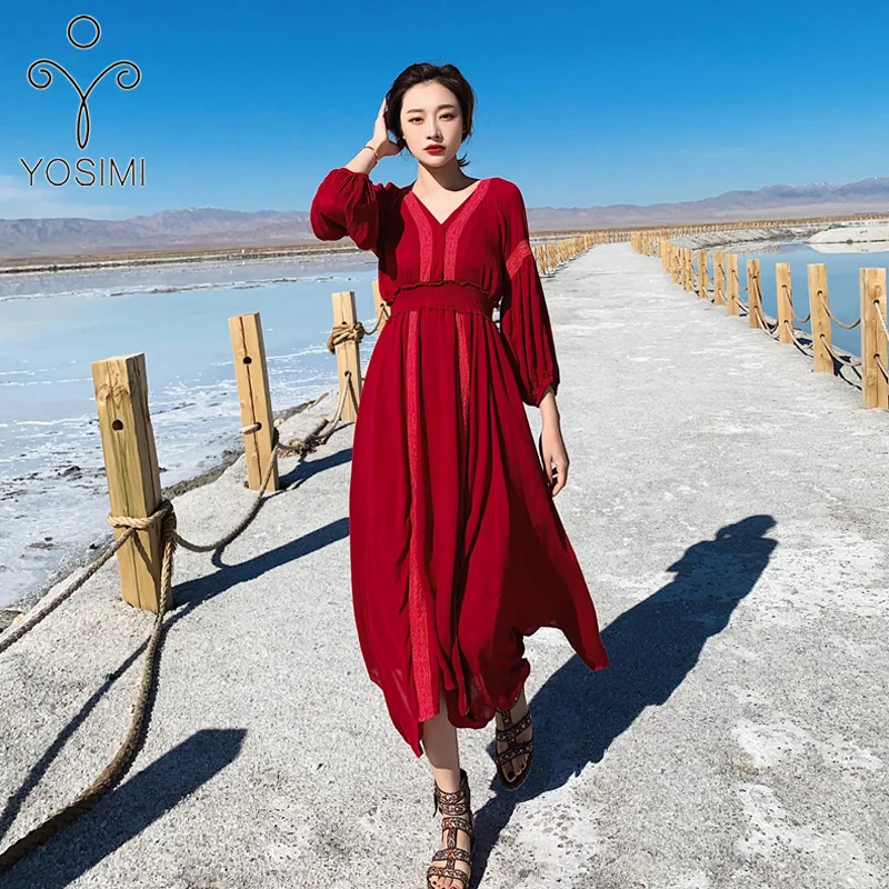YOSIMI летнее макси элегантное хлопковое и льняное длинное женское платье с длинным рукавом Кружевное винтажное богемное женское красное платье с v-образным вырезом