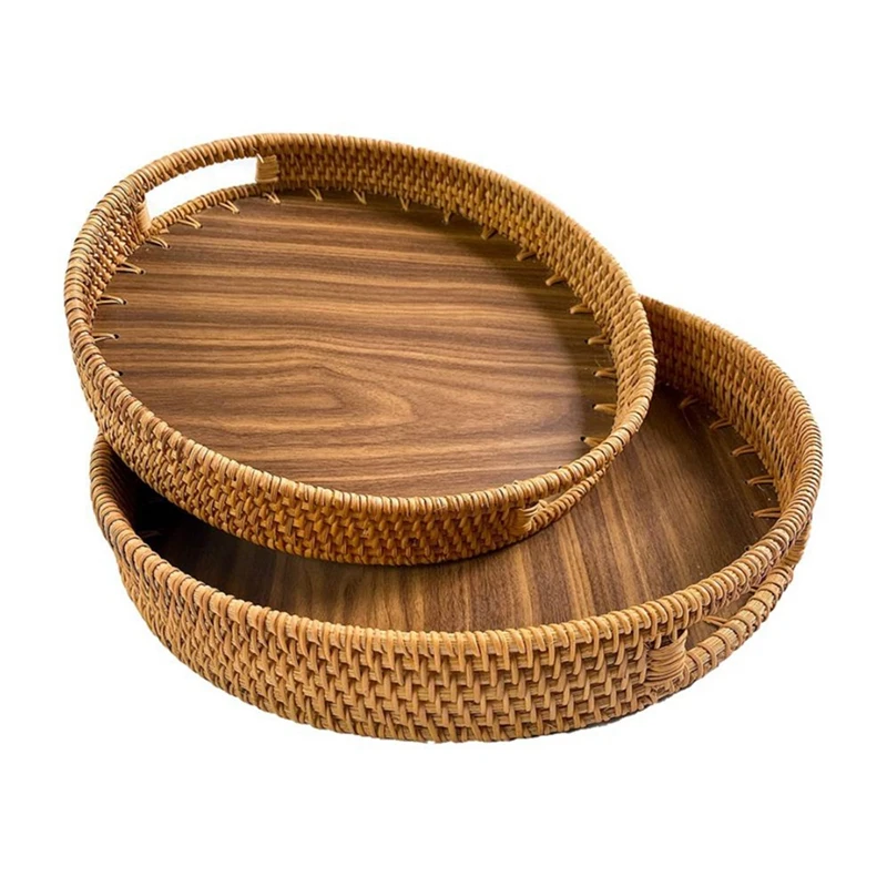2 Pack Round Rattan Serving Tray High Wall Woven Severing Platter with Handle for Breakfast Snacks Bread Coffee 2 Sizes