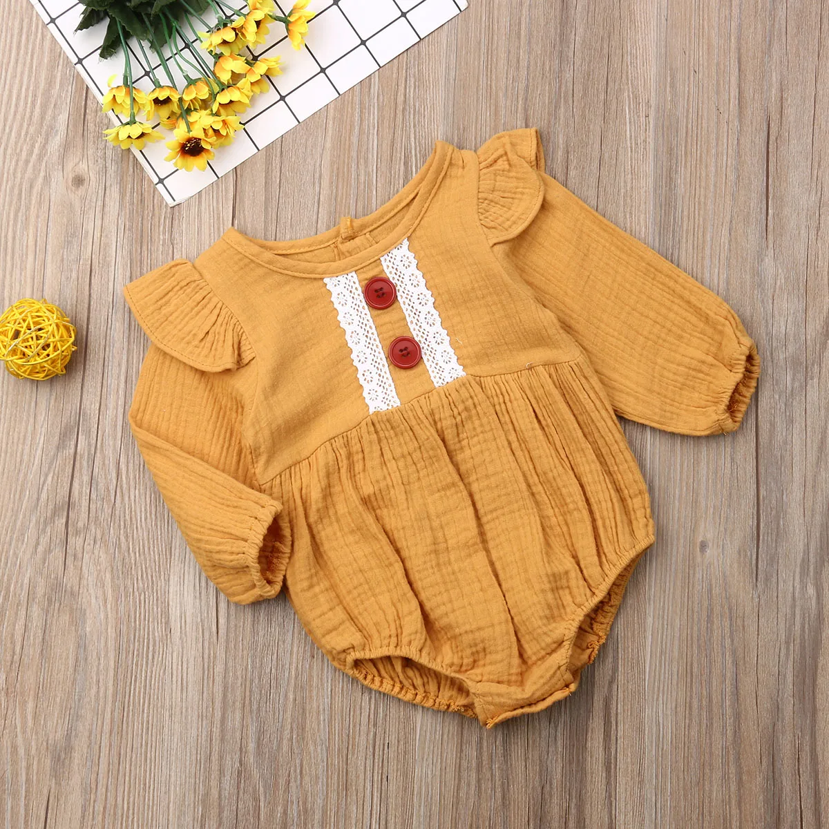 Emmababy Одежда для новорожденных девочек, кружевной комбинезон в стиле пэчворк с длинными рукавами и пуговицами и оборками, боди