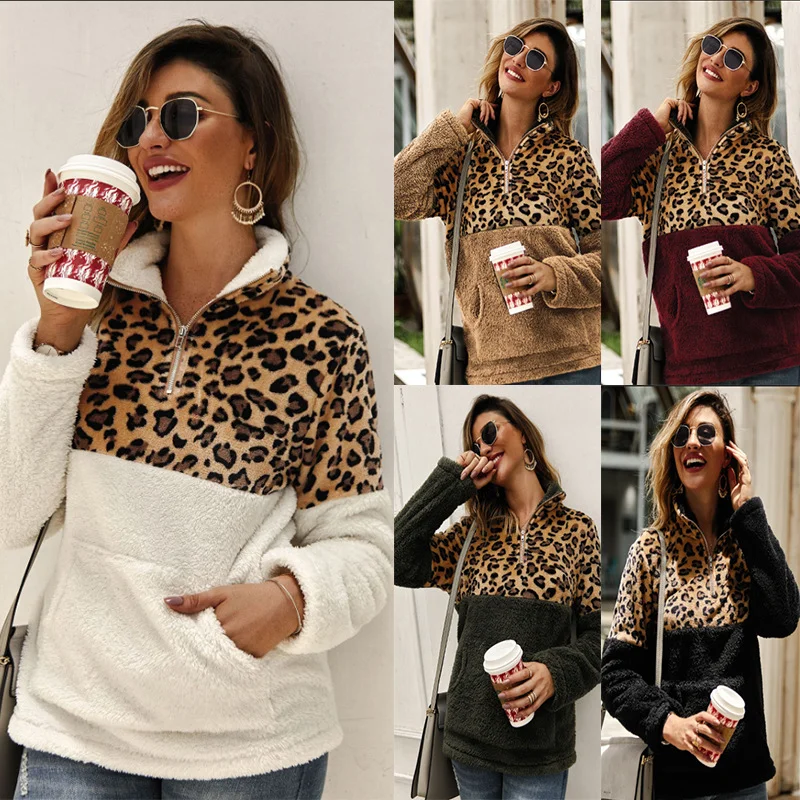Леопардовые Лоскутные толстовки с воротником-стойкой и полумолнией из искусственного меха, флисовый Пушистый пуловер для женщин, уличная одежда, женские теплые толстовки