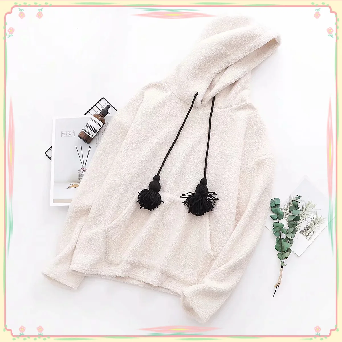 

Japanese Style Hipster 2019 Autumn And Winter New Style Solid Color Back Fun Character Embroidered Berber Fleece Hooded Coat