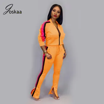 

Joskaa Solid patchwork clashing colors striped long sleeve Leg Zipper Panel sports suit fall sexy Casual women's Two-Piece Set