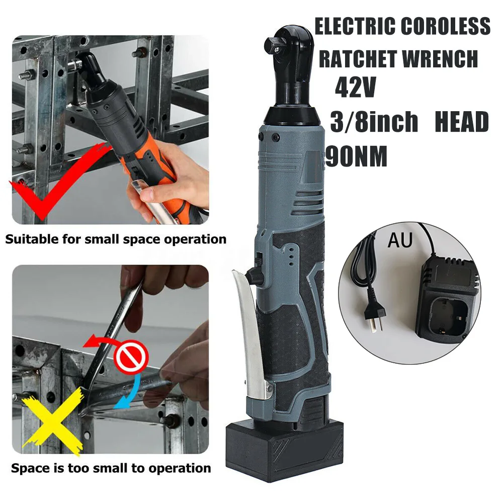 

US/UK/EU/AU Wrench 42V Electric Cordless Ratchet Right Angle Wrench 3/8in Tool + 1Pc Li-ion Battery With LED Light