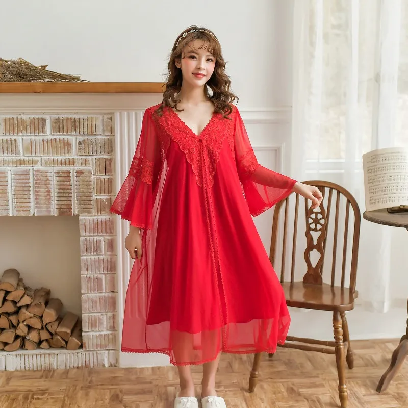 Summer Modal Lace 2 pieces Women's Red Robe Sets luxury Long Nightgowns ...