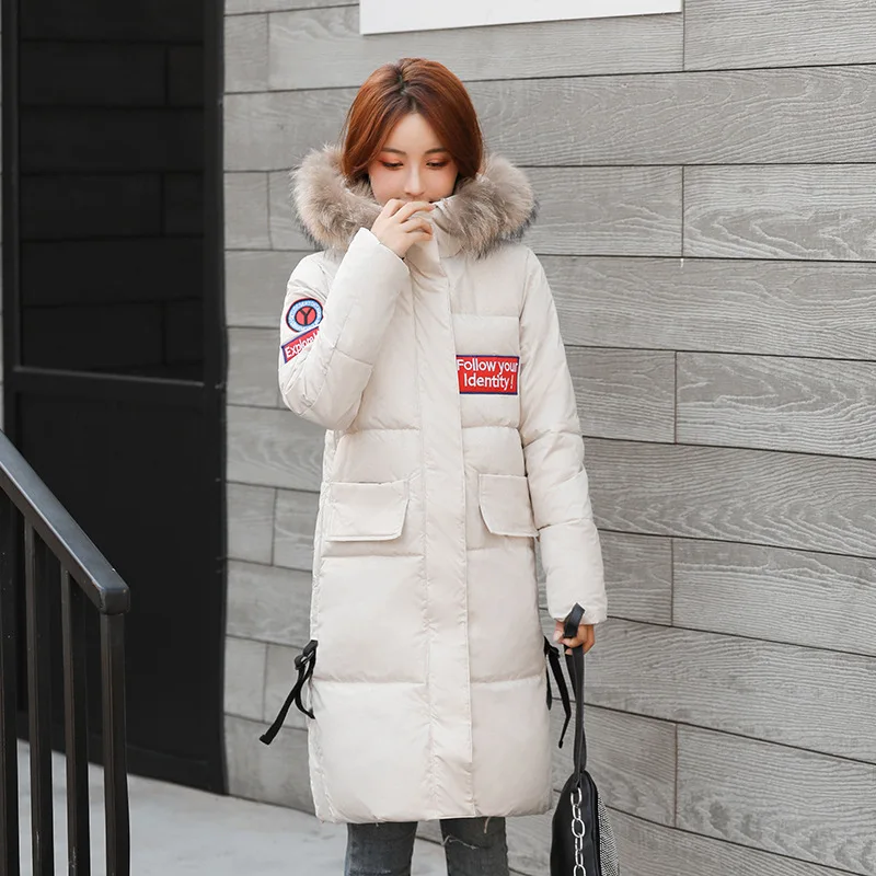

2019 Winter New Style Korean-style Cotton-padded Clothes Long over-the-Knee down Jacket Cotton-padded Clothes Large Fur Collar L