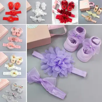 

Newborn Baby Girls Headband Bow Flowers Cloth Hair Bands Hair Accessories Socks Gift Boxes Three-piece Suit
