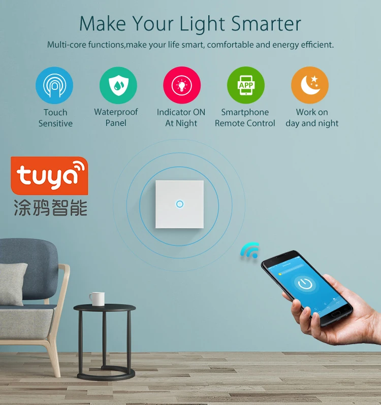 Tuya wifi переключатель ЕС 10A одиночный пожарный провод настенный светильник умный