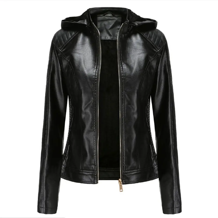 black 3XL размера плюс толстовка теплая флисовая кожаная куртка Женское пальто Moto jaquetas couro veste cuir femme chaqueta piel mujer - Цвет: black