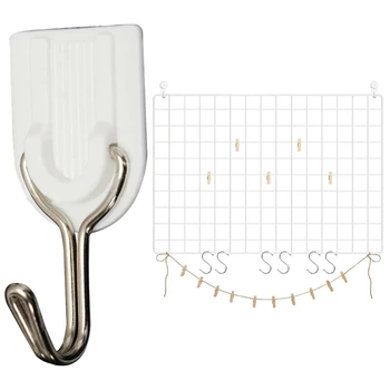 

1 Set Grid Panel, Photo Wall Display,Mesh Wall Decor & 6Pcs Wall Door Self-Adhesive Hook Tile Sticky Hanger