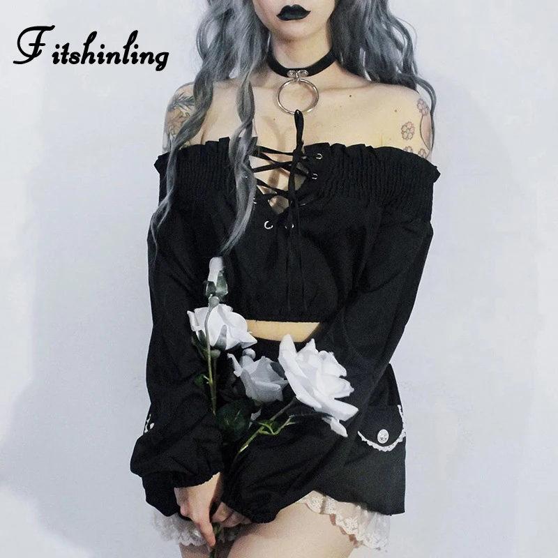 Женская готическая футболка с открытыми плечами и оборками на шнуровке | одежда