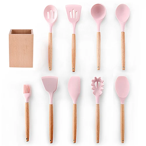 Pink 10pcs-D 9/10/12 шт. Пособия по кулинарии набор инструментов из силикона премиум класса, Кухня Пособия по кулинарии Посуда Набор отверток с хранения коробка Turner щипцы шпатель суповая ложка - Цвет: Pink 10pcs-D