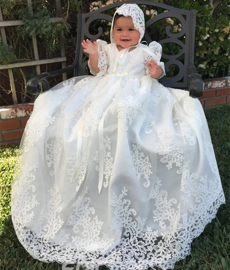 

Vintage Baby Girl Dress Baptism Dresses Extra Long 1st year birthday party wedding Christening baby infant clothing bebes