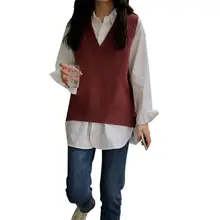 Women Sweater Solid Color Pullover V-neck Sweater Autumn Winter Casual Vest Loose Warm Sweater