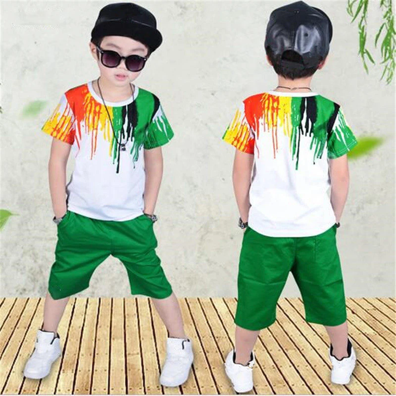 New Summer Boys Clothing Set Casual Hip-hop Stripe Colorful T-Shirt + Pants 2Pcs Suit Kindergarten Performance Kids Clothes