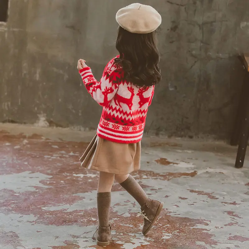Детский свитер с оленем, Новогодняя одежда для маленьких девочек, облегающий трикотаж, Детский Рождественский свитер, пуловер, От 4 до 13 лет для девочек