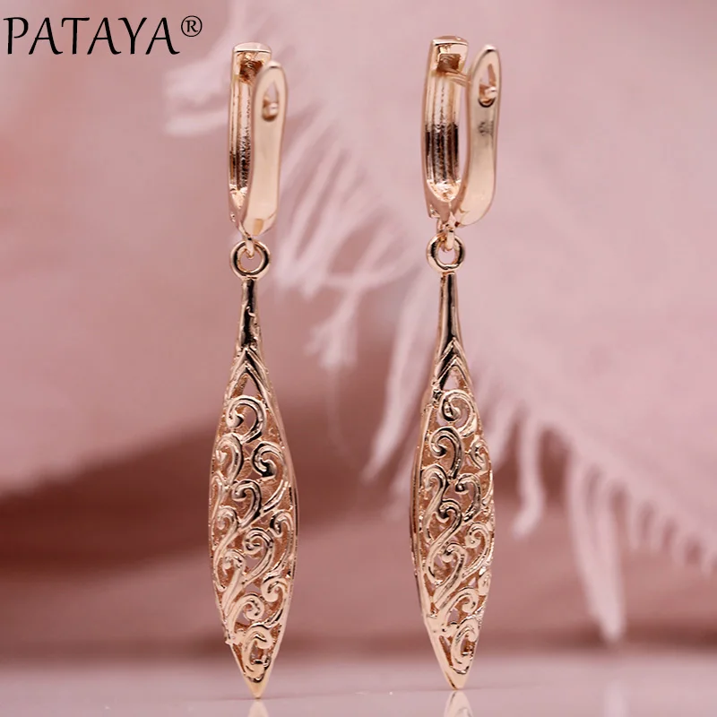 PATAYA New Unique Long Earrings Women Wedding Fine Cute Fashion Jewelry 585 Rose Gold Hollow Carving Vintage Tip Dangle Earrings