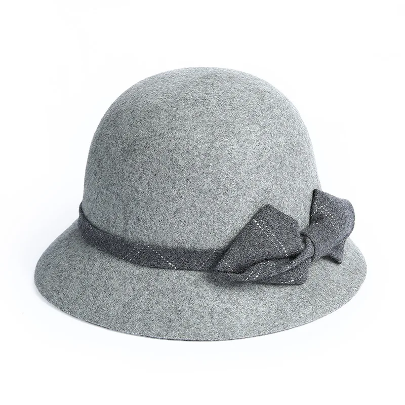 Gray FS элегантная женская шляпа из котелок из шерсти с бантом, черные фетровые шляпы, женские шляпы с широкими полями, зимний церковный колокол - Цвет: Gray