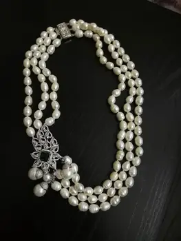

22" 3 Strands Gray Rice Pearl Necklace Sea Shell Pearl CZ Pendant