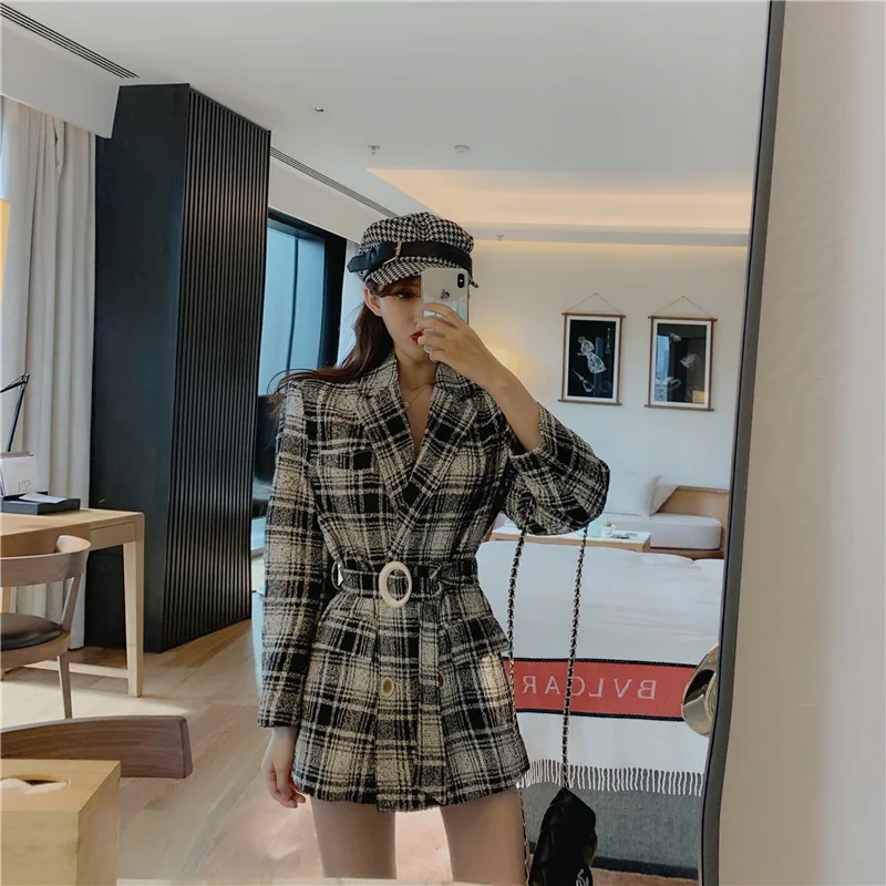 

2019 ~ Vintage Tweed Plaid Suit Waist Hugging Bandage Cloth Mid-length Graceful Coat