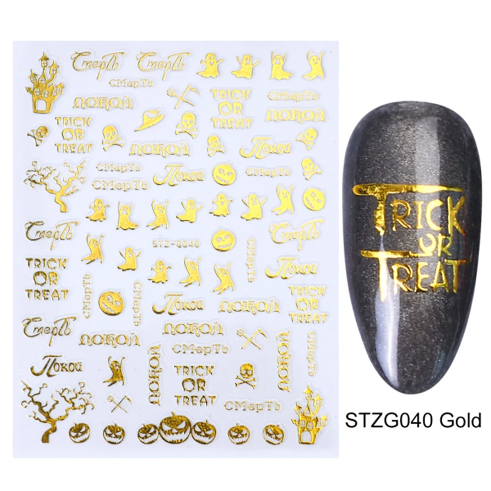 1 шт. наклейки на Хэллоуин для ногтей 3D золотые палочки Череп/тыква/кошка слайдер наклейки самодельная буква Декор Инструменты