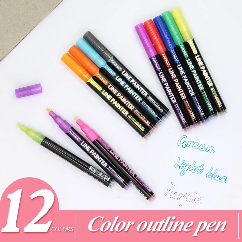 8/12 Colors/Set Double Line Outline Art Pen Fluorescent Glitter Art Marker  Pens for Card Making, Birthday Greeting,Painting - AliExpress