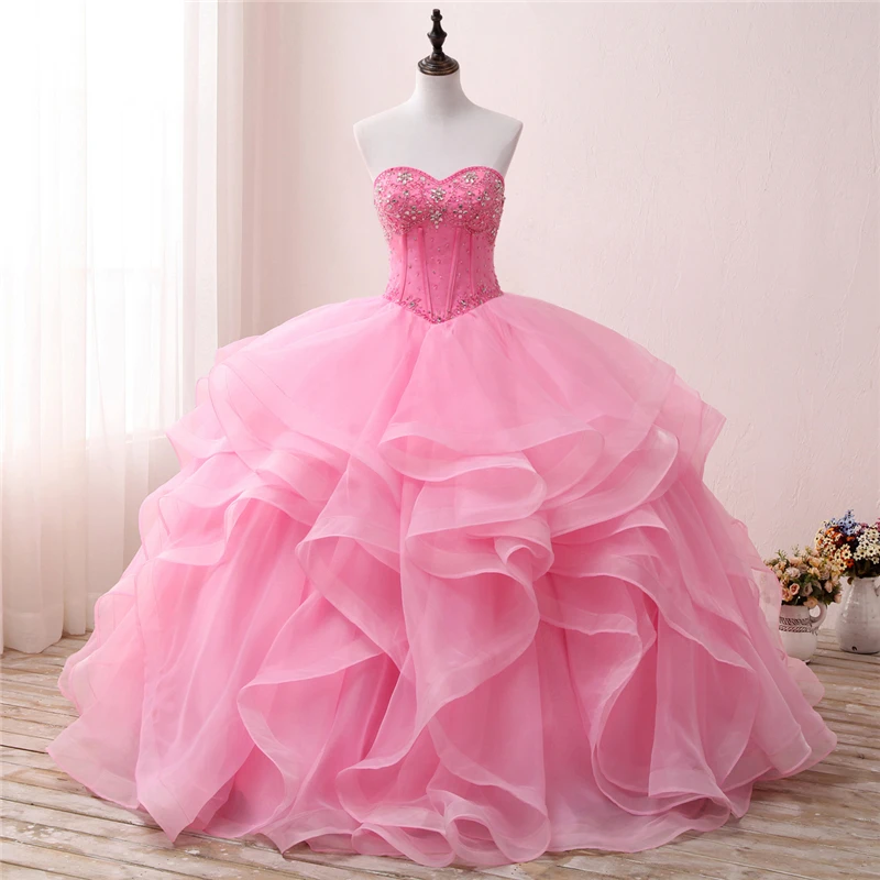 Новые розовые платья Quinceanera бальное платье украшенное бусами милые 16 Платья вечерние платья Vestido De 15 Anos BM32