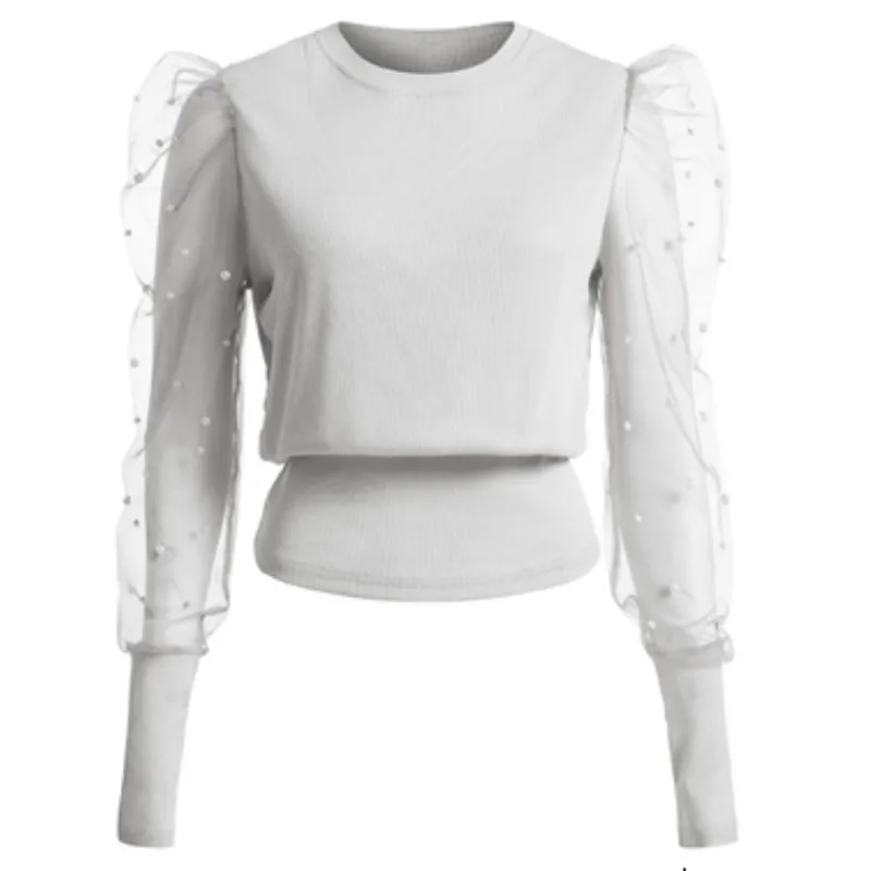 White Beading Женская Осенняя футболка с пышным сетчатым рукавом и бусинами, модная футболка, топы, пуловер, праздничный уличный тонкий джемпер, OL Топы - Цвет: White Beading