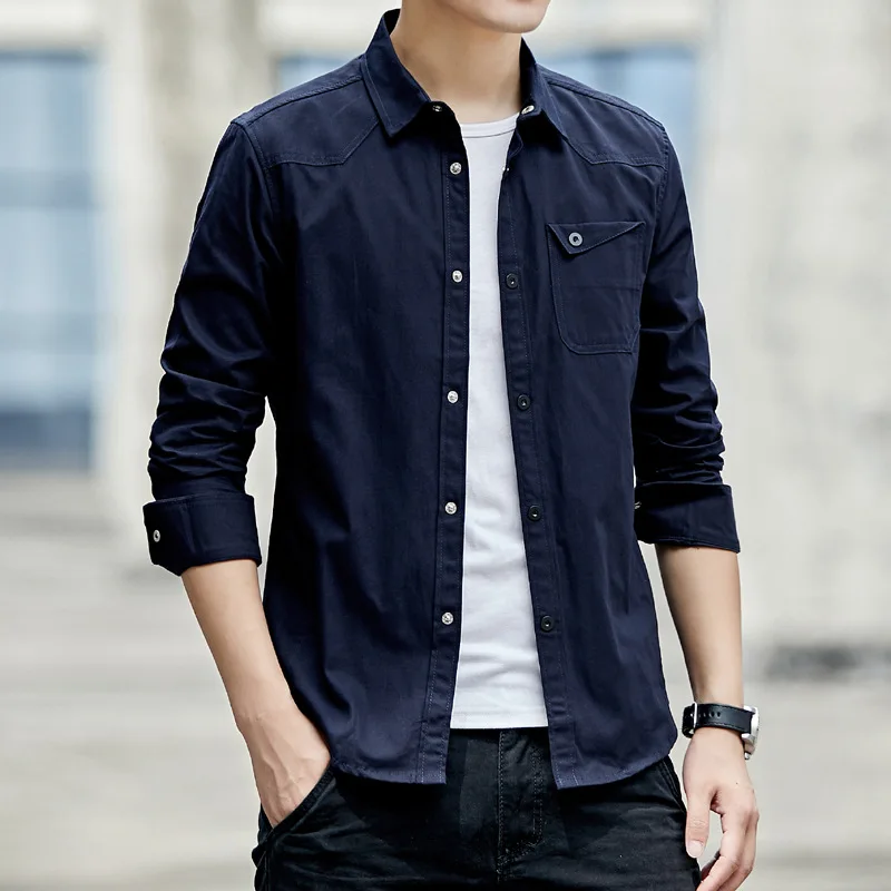blue Casual Shirt Мужские рубашки, повседневная хлопковая рубашка в стиле милитари, синяя приталенная винтажная куртка с карманом и длинным рукавом, уличная одежда, Прямая поставка - Цвет: blue Casual Shirt