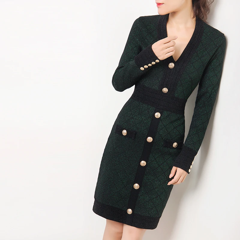 10.30 Wool+ Tencel fashion New Slash neck Argyle button decoration slim long sleeve solid package hip knitted dress