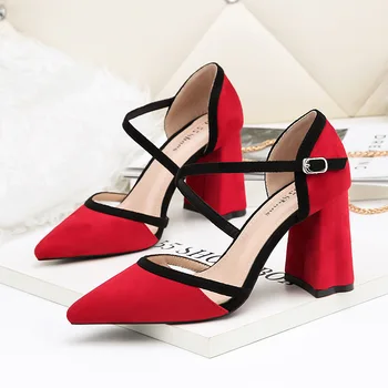 

New pumps women high heels sexy pointed toe shoes ladies summer block heels buckle strap sandals woman zapatos mujer