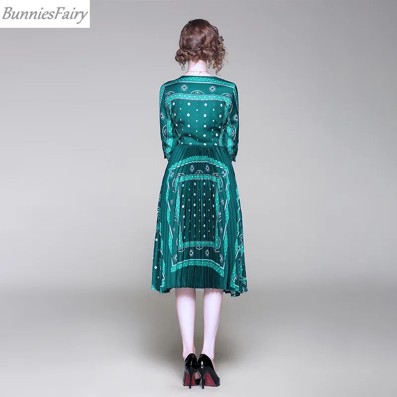 BunniesFairy осеннее новое женское элегантное винтажное Ретро зеленое плиссированное платье с геометрическим цветочным принтом и v-образным вырезом, рукав три четверти