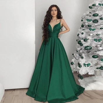 

Gorgeous Green Spaghetti Straps A Line Floor Length Satin Simple Style Prom Dresses Party Dresses 2020