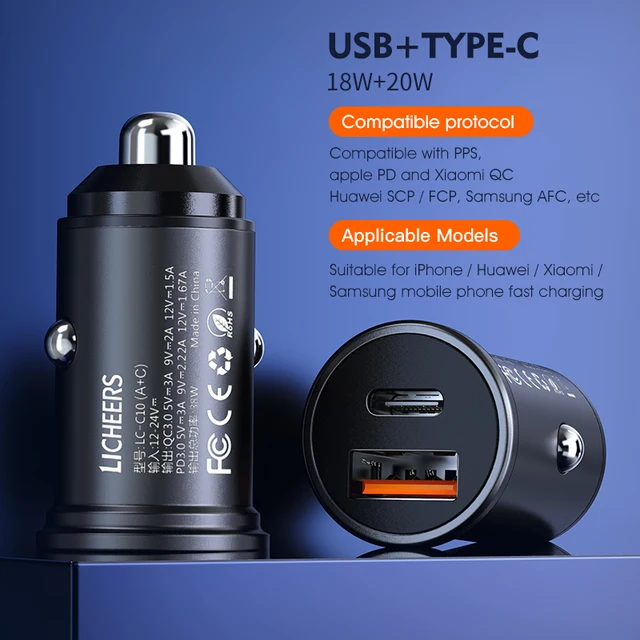 Licheers Car Charger USB 5A Phone Fast Charging 2 Port 12-24V Cigarette Socket Lighter for iPhone Xiaomi Huawei Power Adapter 38W Type C With USB