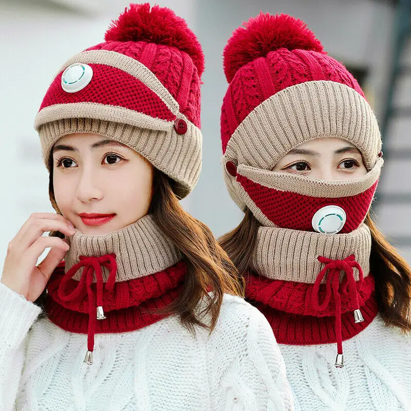 Красный Imcute,, модный, плюшевый, шерстяной, вязаный, анти ПМ, 2,5, женский, 3 шт., зимний, теплый, Шапочка-шарф, маска, набор, вязаная, Лыжная шапка - Цвет: Красный