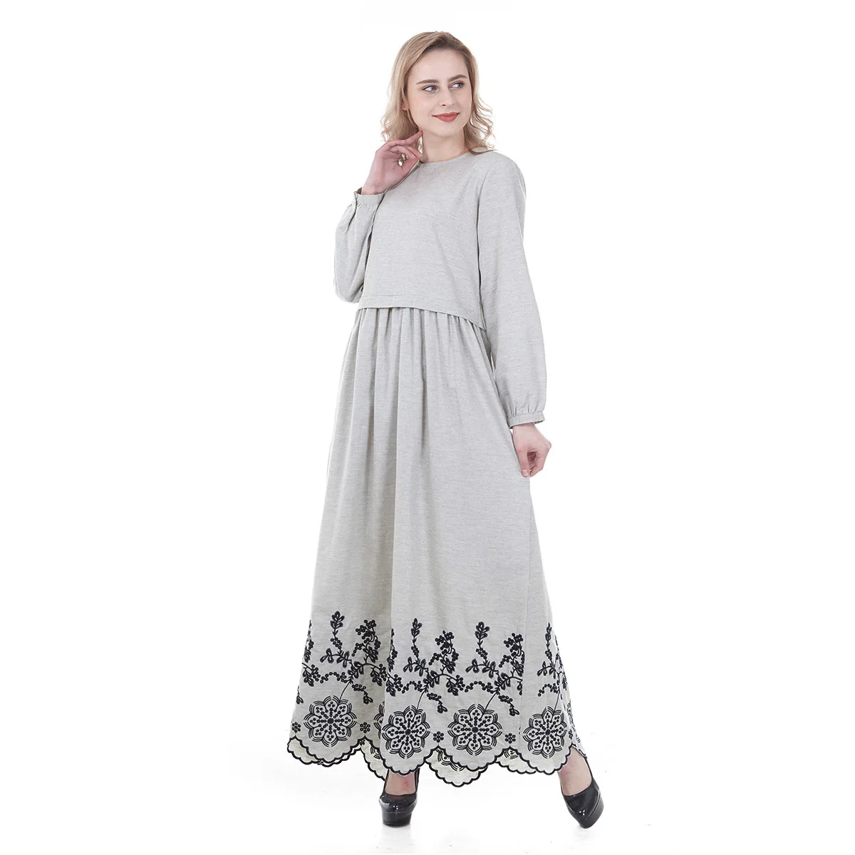 Новое простое модное Плиссированное Платье макси с цветочной вышивкой abaya большого размера, длинное мусульманское платье-кафтан, элегантная женская мусульманская одежда
