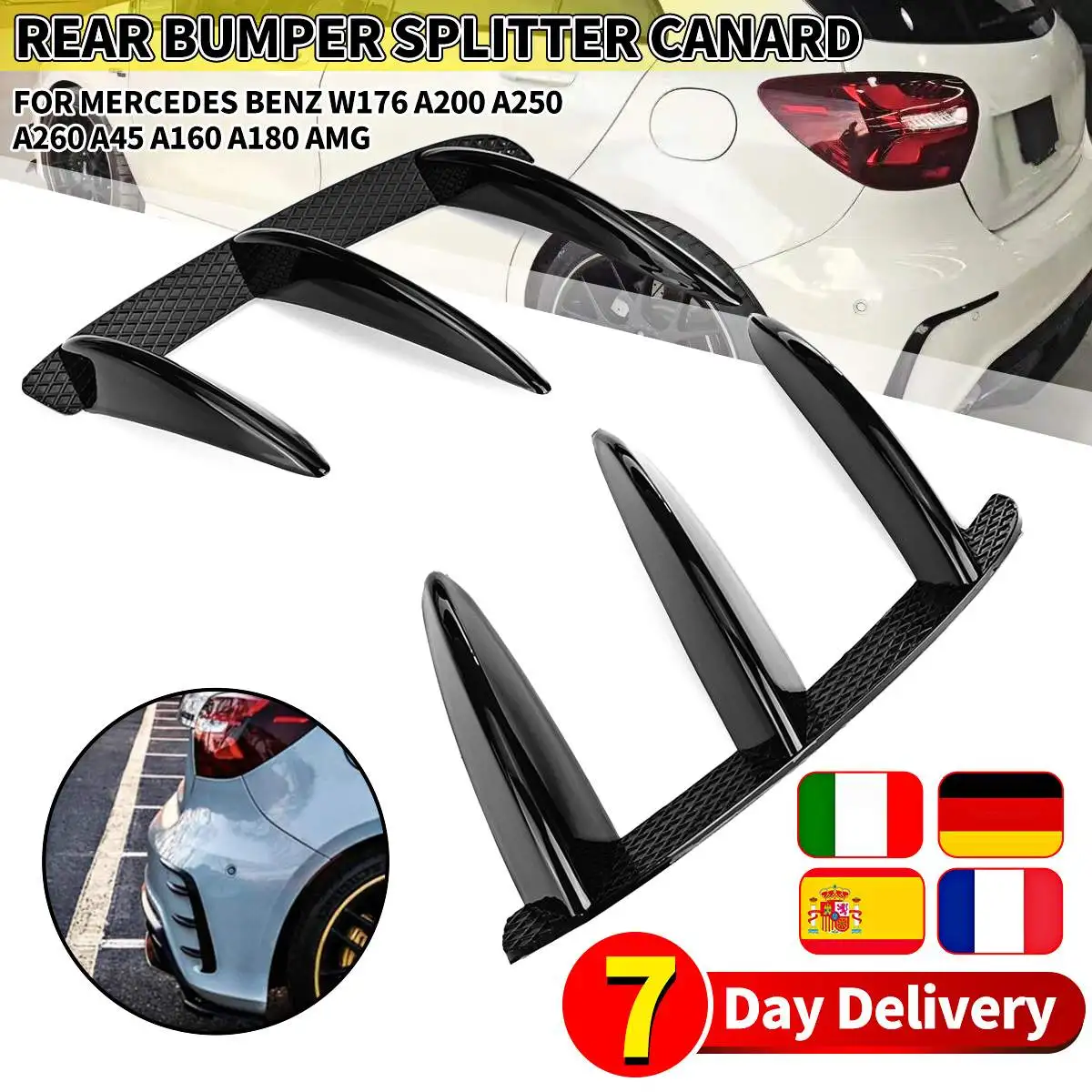 2PCS W176 Splitter Rear Bumper Canards Spoiler For Mercedes for Benz W176 A200 A250 A260 A45 for AMG Package ABS Black