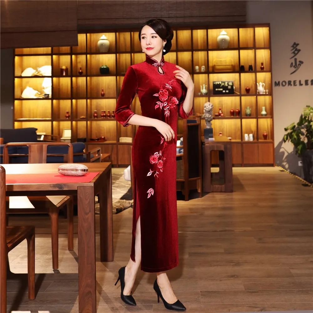 Шанхай история бархат Cheongsam китайское платье вышивка Qipao длинное