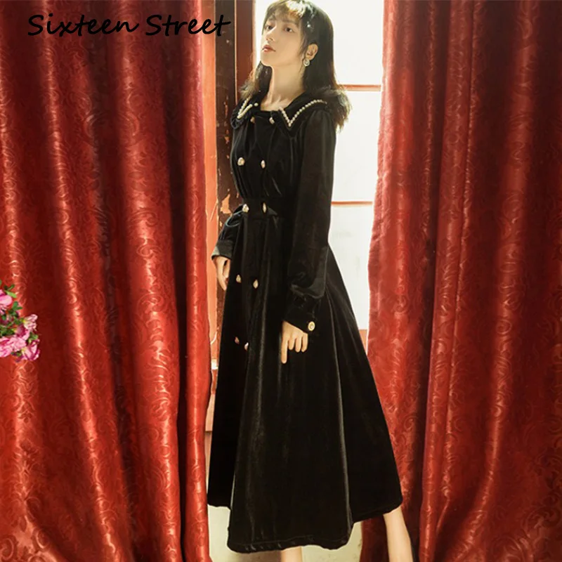 Женское бархатное платье на пуговицах черное однотонное элегантное винтажное с