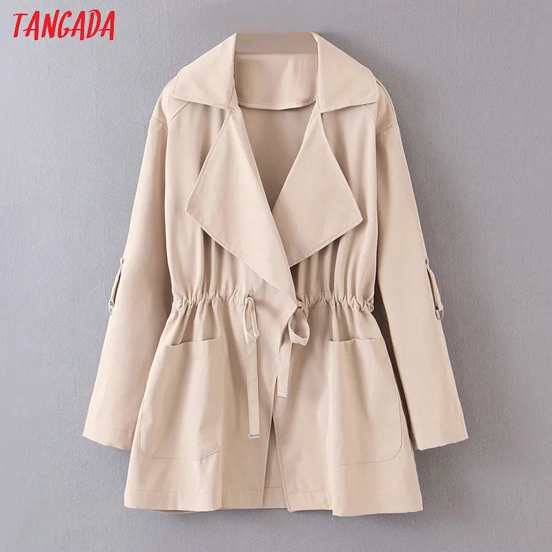Tangada women solid trench coat elegant elastic waist pocket female khaki windbreaker outwear korean fashion SL71