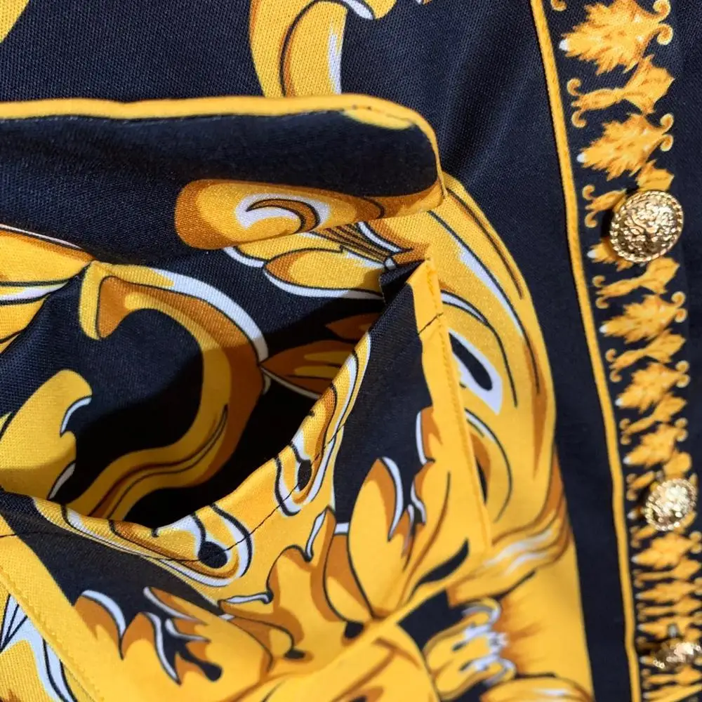 11.9 New Fashion Vintage flower print gold button decoration collect waist pleated long sleeve dress