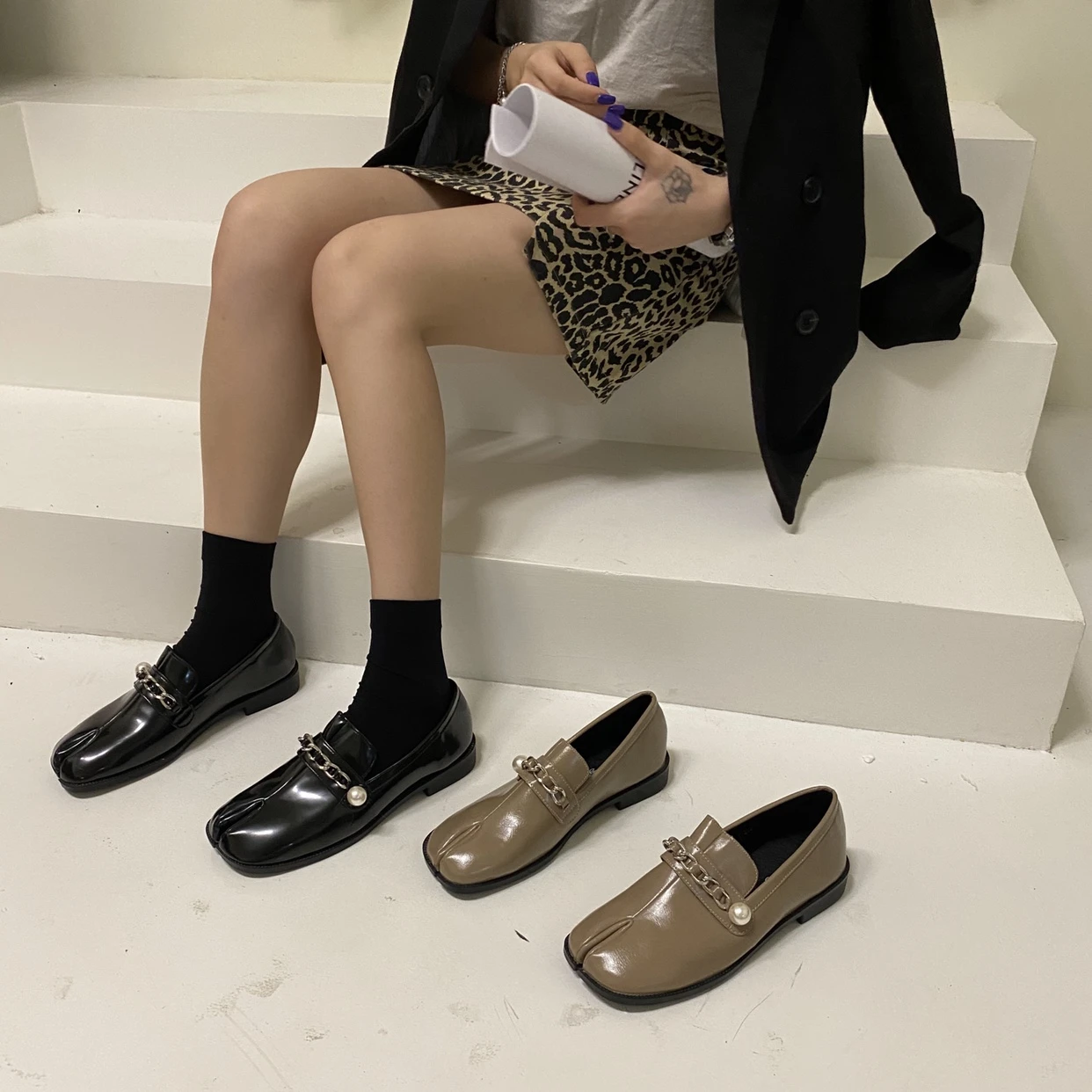 Tabi Ninja mocasines planos con dividida mujer, zapatos de cadena poco de cuero suave, sin planos de mujer| - AliExpress