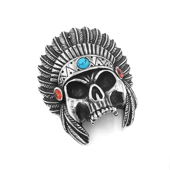 

Indian Skull Pendant Stainless Steel Jewelry Necklace Red Blue Stone Tribal Feather Skull Biker Pendant for Men SWP0535A