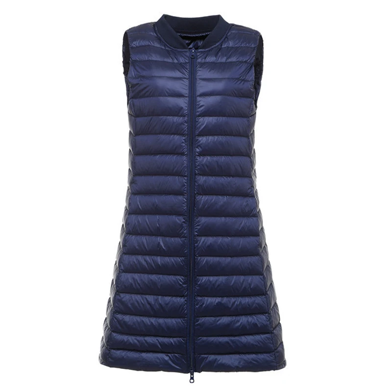 Women Duck Down Long Vest Ultra Light Portable Slim Waistcoat Female Stand Collar Sleeveless Down Jacket