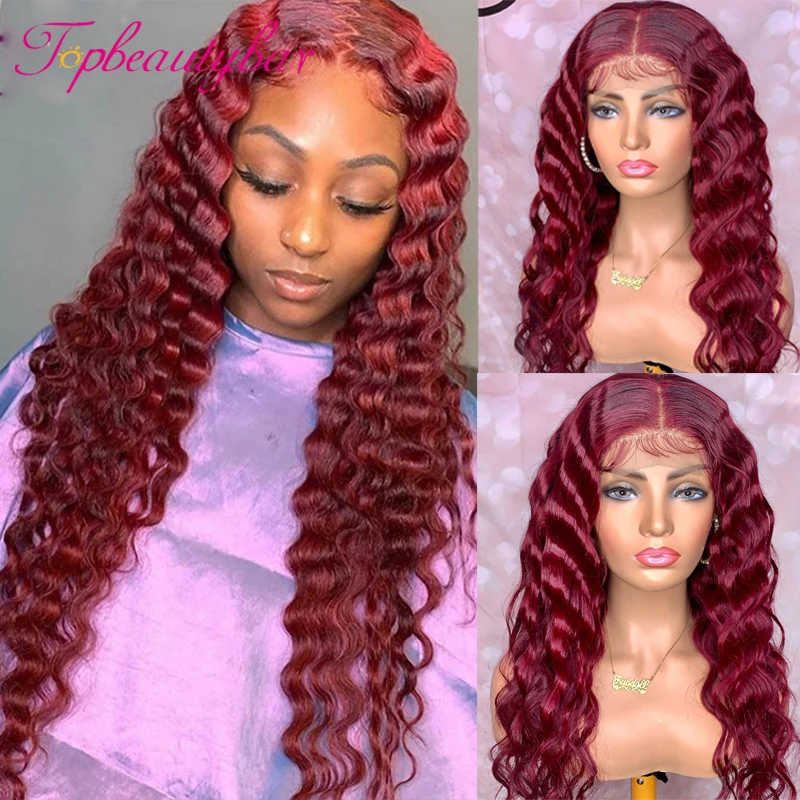 

# 99J бордовый парик с глубокой волной, 180% бразильский парик на сетке спереди, красные бордовые парики на сетке спереди из человеческих волос для женщин, предварительно выщипанные