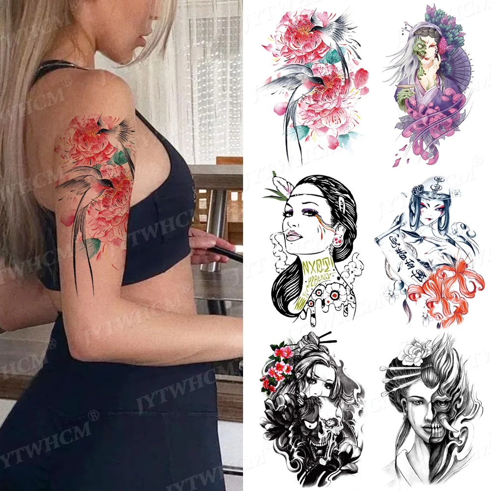 Tattoo Sticker Waterproof Animated Stickers Swallow Art Arm Sleeve Temporary Japanese Body Pink Rose Design Fake Tattoos | Красота и