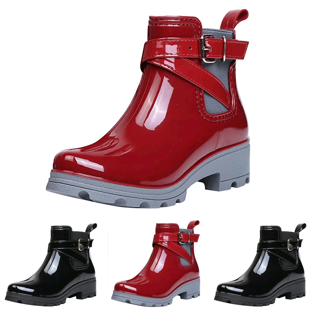 

5S#Women's Short Boots Waterproof Non-Slip Fashion Rain Shoes Female Ankle Rubber Elastic Band Rain Boots