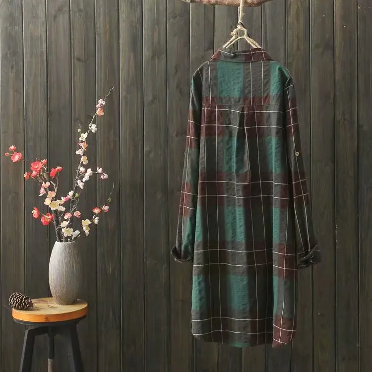 Vintagel/женская рубашка в клетку,, длинный рукав, хлопок, лен, женский кардиган с отложным воротником, Mori Girl, модная блузка, YoYiKamomo
