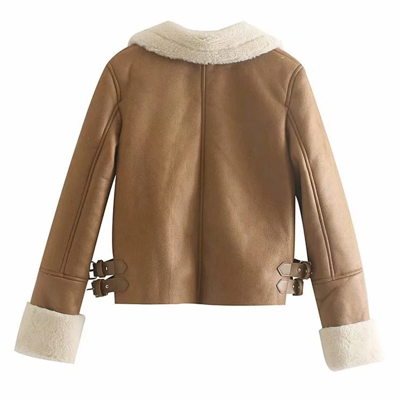 Fitaylor Winter Women Faux Leather Jackets Pu Motorcycle Biker Faux Lamb Fur Coat Warm Thickness Turndown Collar Zipper Outwear